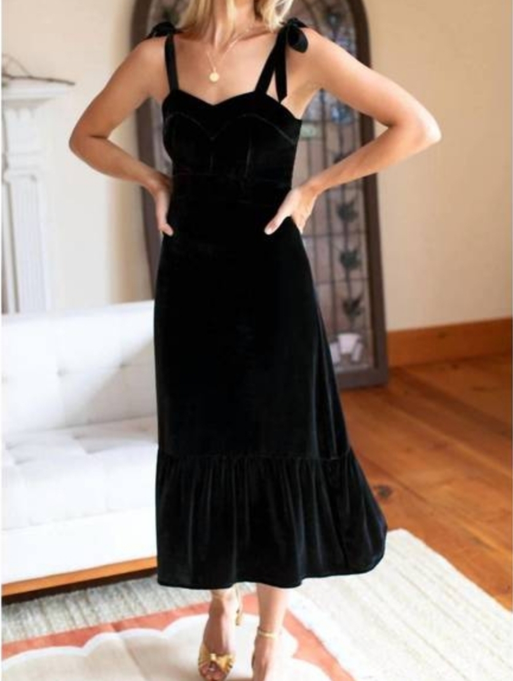Emerson Fry Charlotte Black Velvet Tie-Shoulder Midi Dress